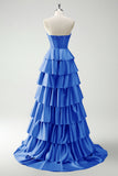 Green Princess Sweetheart Satin Tiered Long Corset Prom Dress with Slit
