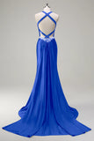Sparkly Dark Green Mermaid Halter Corset Long Sequin Prom Dress