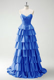 Green Princess Sweetheart Satin Tiered Long Corset Prom Dress with Slit