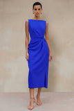 Orange Bateau Neck Sheath Ruched Midi Work Dress With Slit
