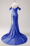 Mermaid Cold Shoulder Sequin Ruched Satin Golden Long Prom Dress