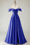 Off the Shoulder Satin Purple A Line Prom Dress