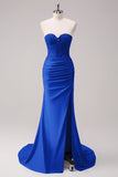 Dark Green Mermaid Strapless Ruched Corset Long Prom Dress with Slit