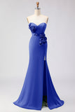 Green Strapless Mermaid 3D Flower Satin Long Prom Dress with Slit