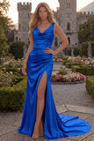 Burgundy V Neck Mermaid Ruched Long Prom Dress with Slit
