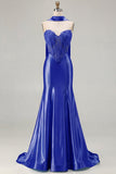 Mermaid Blue Corset Sweetheart Convertible Satin Long Prom Dress with Streamer