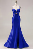 Mermaid Satin Fuchsia Ruched Spaghetti Straps Long Prom Dress with Slit