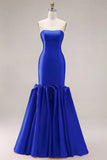 Mermaid Fuchsia Satin Strapless Long Prom Dress with 3D Flowers
