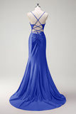 Black Mermaid Beaded Corset Satin Long Prom Dress with Slit