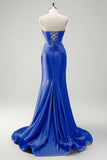 Dark Green Mermaid Strapless Beaded Corset Keyhole Satin Prom Dress with Slit