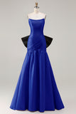Fuchsia Ruched A Line Strapless Ruched Long Prom Dress with Large Bow