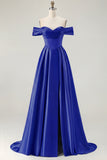 Blue Off the Shoulder A Line Satin Bridesmaid Dress