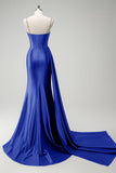 Sparkly Dark Green Mermaid Side Streamer Sequins Corset Satin Prom Dress with Slit