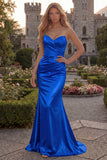 Sweetheart Mermaid Burgundy Ruched Satin Long Prom Dress