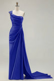 One Shoulder Green Ruched Satin Sheath Long Prom Dress with Slit