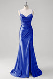 Green Mermaid Pleated Corset Beaded Long Prom Dress with Slit