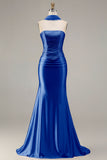 Strapless Mermaid Champagne Beaded Satin Long Prom Dress with Ribbon