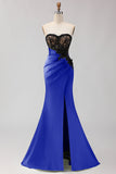 Black Green Mermaid Strapless Lace Ruched Long Prom Dress With Slit