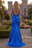 Burgundy V Neck Mermaid Ruched Long Prom Dress with Slit