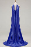 Blue Mermaid Corset Sweetheart Convertible Satin Long Prom Dress with Streamer