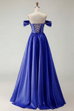 Off the Shoulder Satin Purple A Line Prom Dress