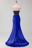 Black Green Mermaid Strapless Lace Ruched Long Prom Dress With Slit