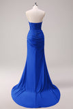 Dark Green Mermaid Strapless Ruched Corset Long Prom Dress with Slit