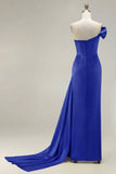 One Shoulder Green Ruched Satin Sheath Long Prom Dress with Slit