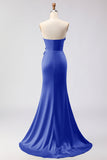 Green Strapless Mermaid 3D Flower Satin Long Prom Dress with Slit