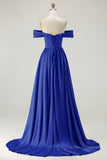 Blue Off the Shoulder A Line Satin Bridesmaid Dress