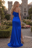 Burgundy One Shoulder Mermaid Ruched Long Prom Dress with Slit