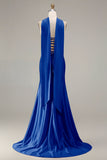 Champagne Beaded Neck Scarf Mermaid Prom Dress