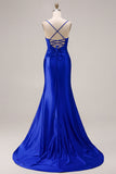 Mermaid Satin Fuchsia Ruched Spaghetti Straps Long Prom Dress with Slit