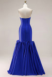 Mermaid Fuchsia Satin Strapless Long Prom Dress with 3D Flowers
