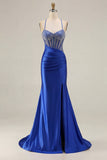 Mermaid Corset Beaded Pink Satin Prom Dress