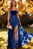 Strapless Khaki A Line Tiered Long Wedding Guest Dress With Slit