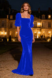 Half Sleeve Mermaid Navy Velvet Formal Dress