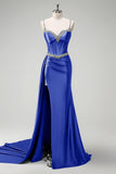 Sparkly Dark Green Mermaid Side Streamer Sequins Corset Satin Prom Dress with Slit