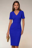 Navy V-Neck Pencil Short Sleeve Knee-Length Work Dress With Back Slit