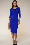 Navy 3/4 Sleeves Cowl Neck Pencil Midi Work Dress