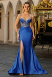 Sparkly Mermaid Satin Corset Dusty Blue Prom Dress