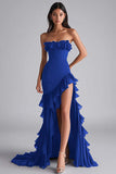 Black Mermaid Strapless Ruffled Formal Dress With Slit