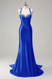 Sparkly Dark Green Mermaid Halter Corset Long Sequin Prom Dress