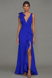 Dark Green Bow Ruffle V-Neck Evening Dress With Slit