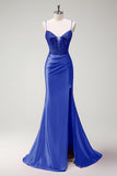 Black Mermaid Beaded Corset Satin Long Prom Dress with Slit