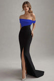 Elegant Off the Shoulder Black and White Evening Dress with Slit