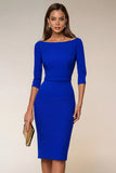 Navy Bateau Neck Bodycon Work Dress With Slit
