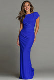Navy Sheath Short Sleeve Bateau Neck Long Formal Dress