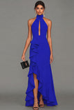Black Halter Long Evening Dress With Ruffle Slit