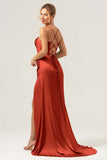 Martini Mermaid Cowl Neckline Ruched Corset Long Satin Bridesmaid Dress with Slit